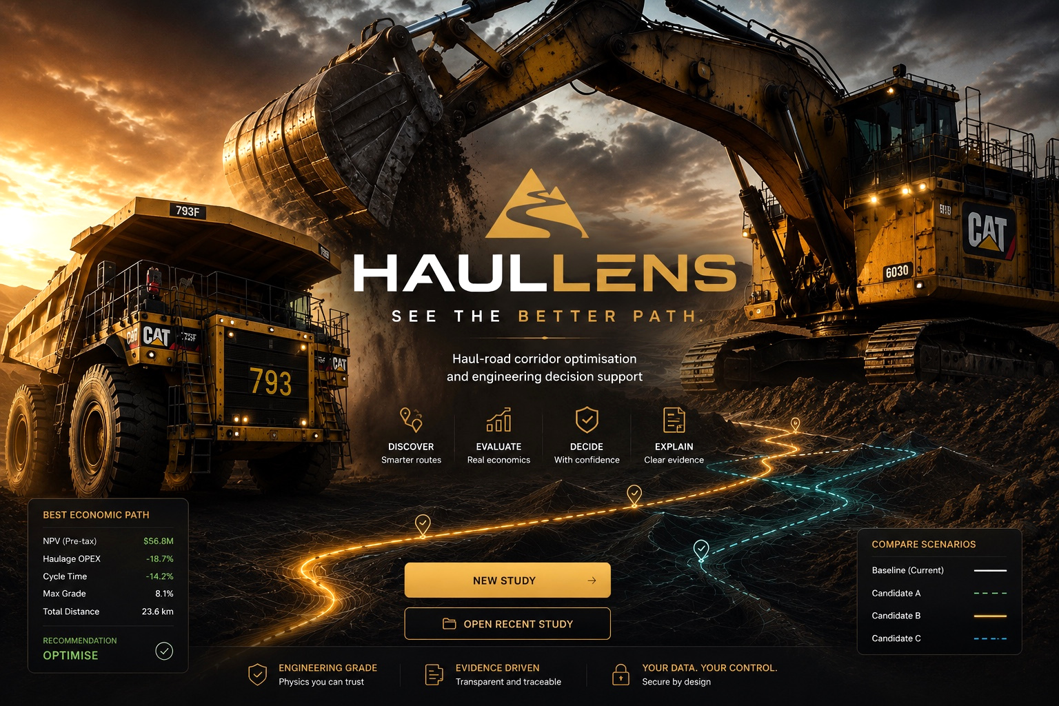 HaulLens -- See the better path. A haul truck and excavator on a mine site at dawn, with an illuminated corridor overlay comparing candidate haul-road alignments.